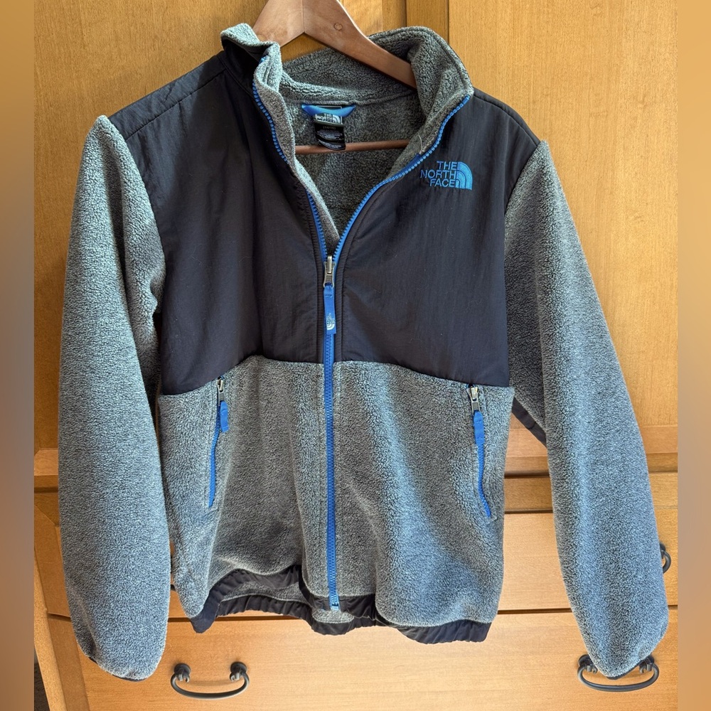 The North Face Black and Gray Fleece Jacket with Blue Accents | Boys Large/14-16